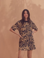 Palm Tree Print Black/Brown 100% Cotton T-Shirt Dress - Image 1 of 6