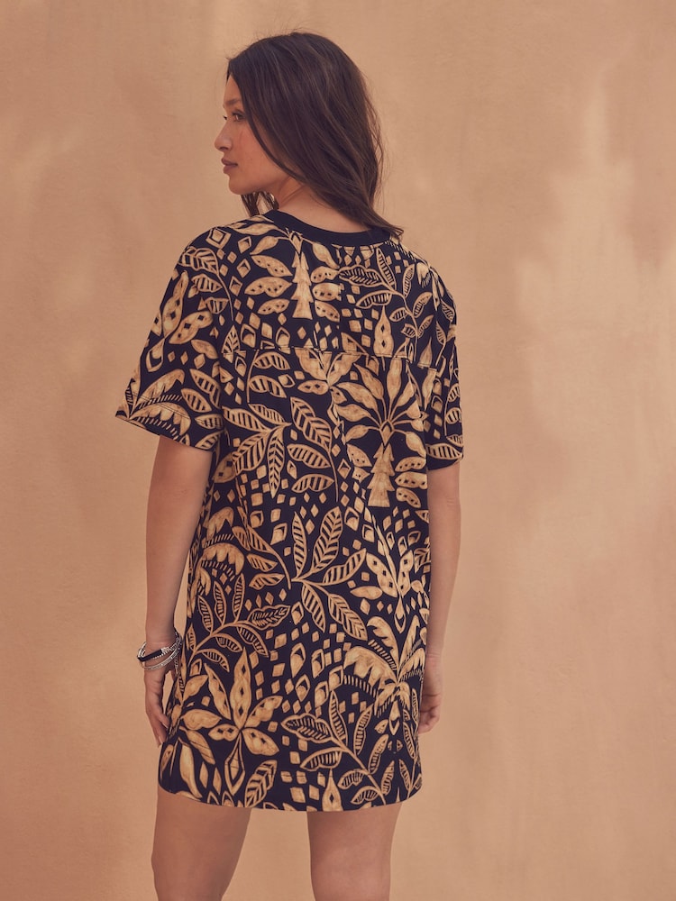 Palm Tree Print Black/Brown 100% Cotton T-Shirt Dress - Image 2 of 6