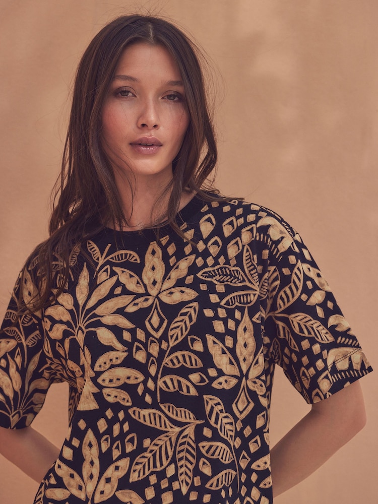 Palm Tree Print Black/Brown 100% Cotton T-Shirt Dress - Image 3 of 6