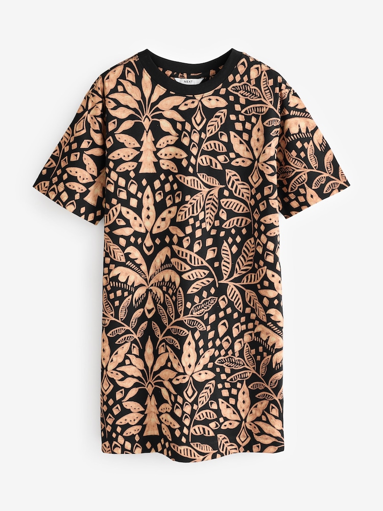 Palm Tree Print Black/Brown 100% Cotton T-Shirt Dress - Image 4 of 6