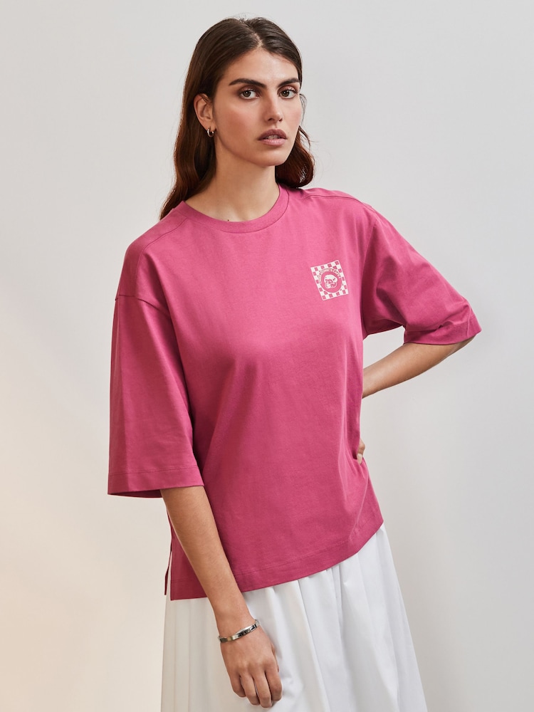 Raspberry Pink 100% Cotton Rich Back Graphic Boxy Short Sleeve T-Shirt - Image 2 of 7