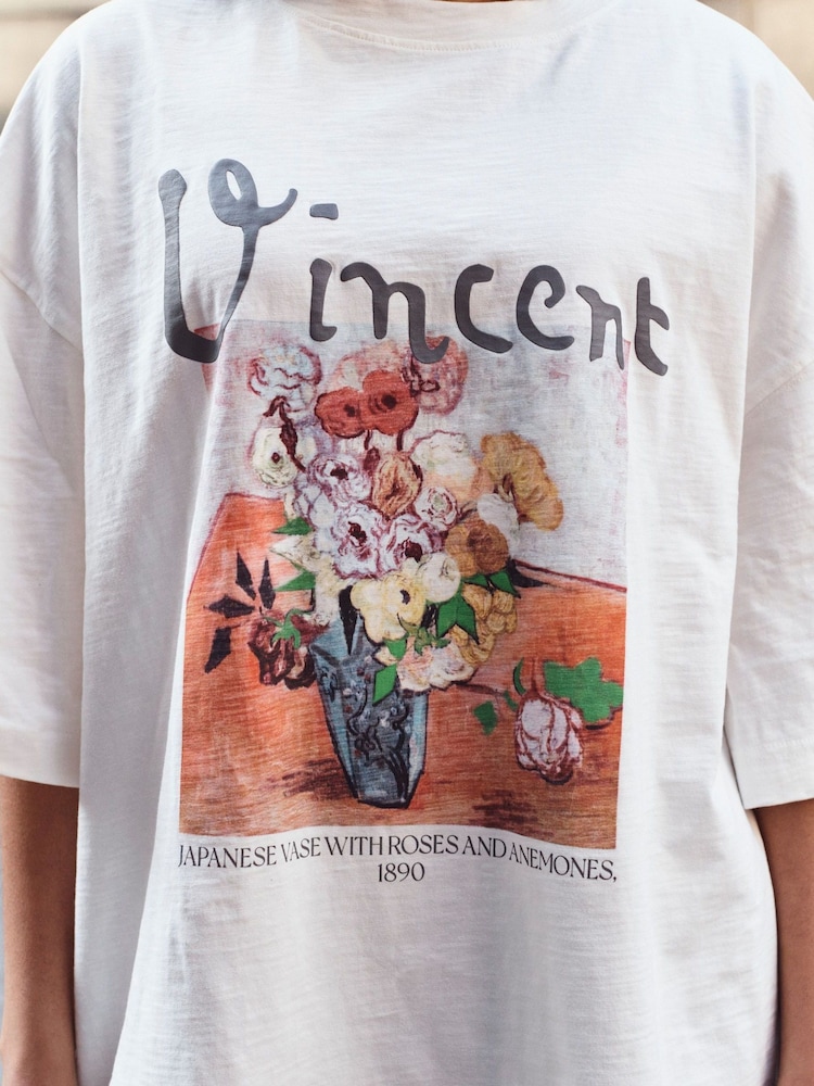 Blanc - T-shirt officiel Vincent Van Gogh graphique oversize avec longueur de coude 100coton - Image 5 of 8