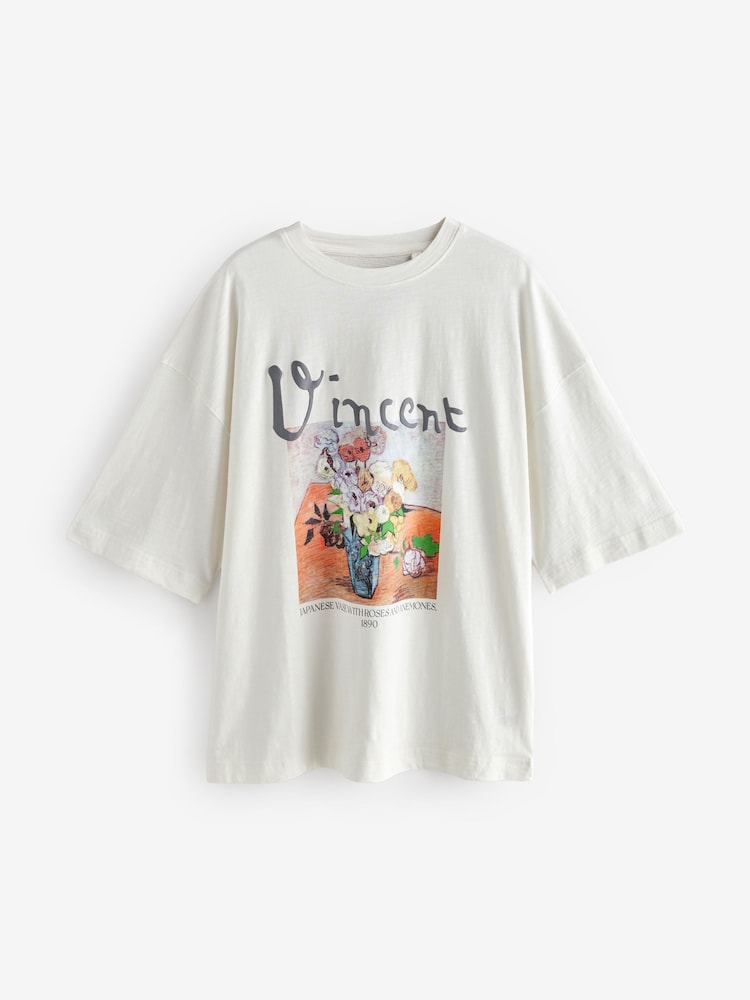 Blanc - T-shirt officiel Vincent Van Gogh graphique oversize avec longueur de coude 100coton - Image 6 of 8