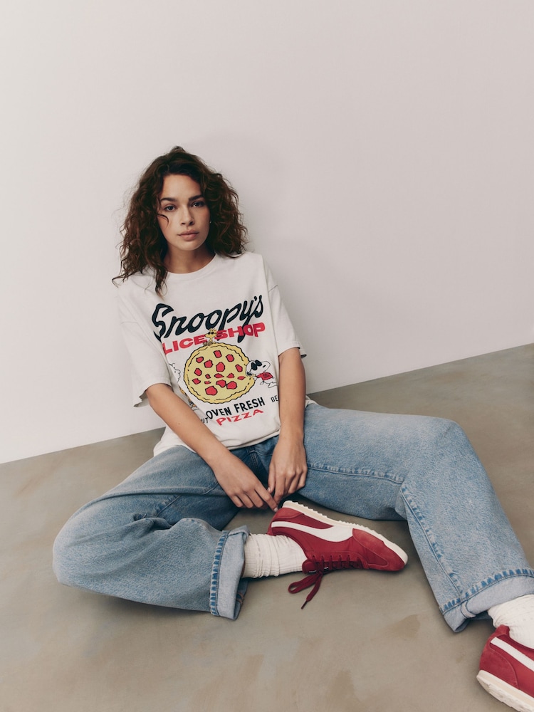 Ecru License Snoopy Pizza 100% Cotton Graphic T-Shirt - Image 1 of 5 Ecru License Snoopy Pizza 100% Cotton Graphic T-Shirt - Image 1 of 5