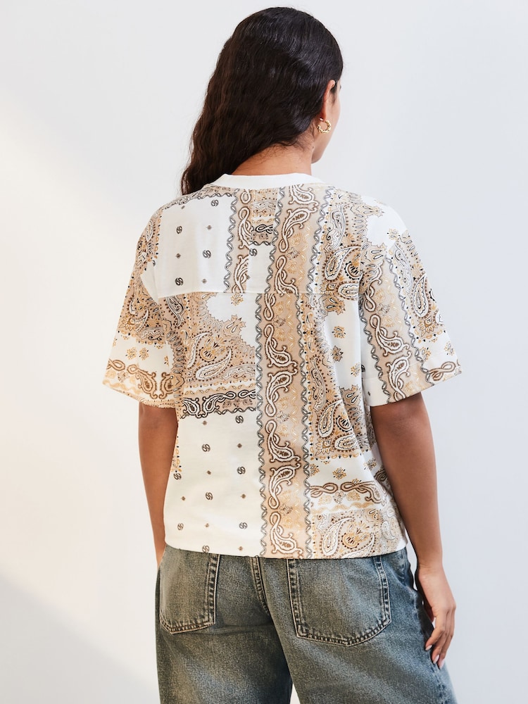 Bandana Print Ecru Short Sleeve Crew Neck 100% Cotton T-Shirt - Image 3 of 7