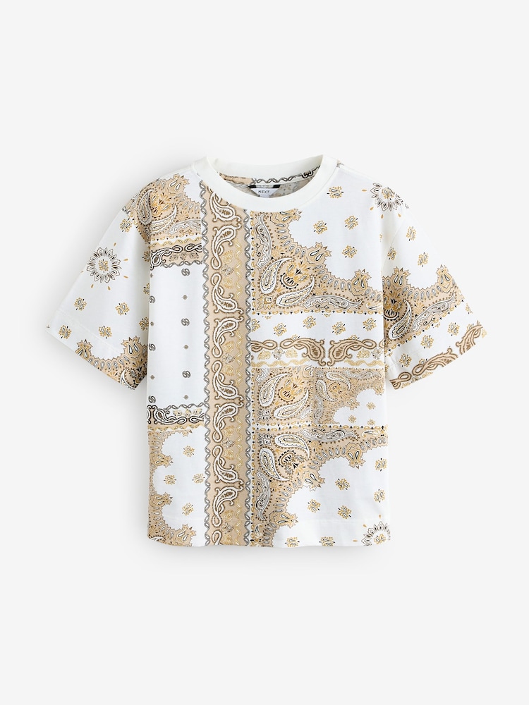 Bandana Print Ecru Short Sleeve Crew Neck 100% Cotton T-Shirt - Image 5 of 7