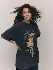 Charcoal Grey Oversized 100% Cotton License Linkin Park Band Graphic Washed Short Sleeve T-Shirt - Image 1 of 4