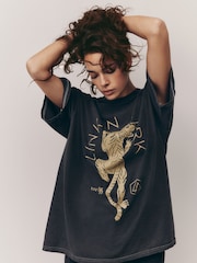 Charcoal Grey Oversized 100% Cotton License Linkin Park Band Graphic Washed Short Sleeve T-Shirt - Image 2 of 4