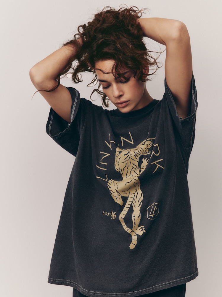 Charcoal Grey Oversized 100% Cotton License Linkin Park Band Graphic Washed Short Sleeve T-Shirt - Image 2 of 4