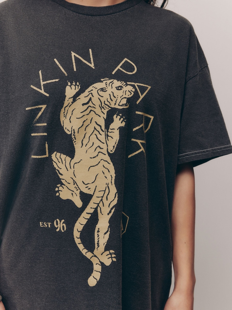 Charcoal Grey Oversized 100% Cotton License Linkin Park Band Graphic Washed Short Sleeve T-Shirt - Image 4 of 4