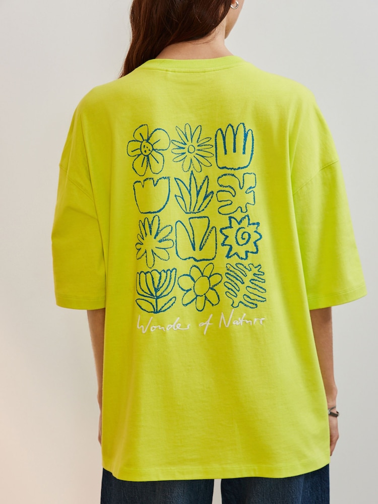 Green Pure 100% Cotton Abstract Floral Print Back Graphic Short Sleeve T-Shirt - Image 1 of 9