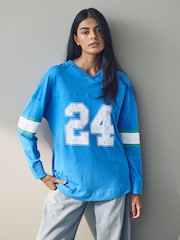 Blue - Number Print Football Varsity V-Neck Long Sleeve 100% Cotton T-Shirt - Image 1 of 7