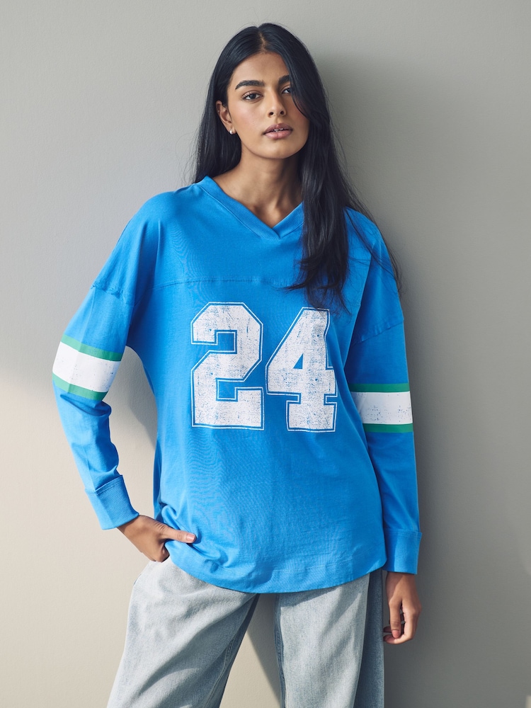 Blue - Number Print Football Varsity V-Neck Long Sleeve 100% Cotton T-Shirt - Image 1 of 7