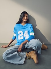 Blue - Number Print Football Varsity V-Neck Long Sleeve 100% Cotton T-Shirt - Image 2 of 7