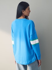 Blue - Number Print Football Varsity V-Neck Long Sleeve 100% Cotton T-Shirt - Image 3 of 7