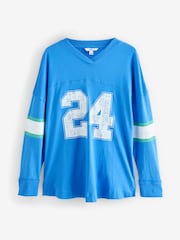 Blue - Number Print Football Varsity V-Neck Long Sleeve 100% Cotton T-Shirt - Image 5 of 7