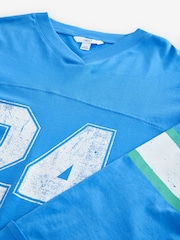 Blue - Number Print Football Varsity V-Neck Long Sleeve 100% Cotton T-Shirt - Image 6 of 7