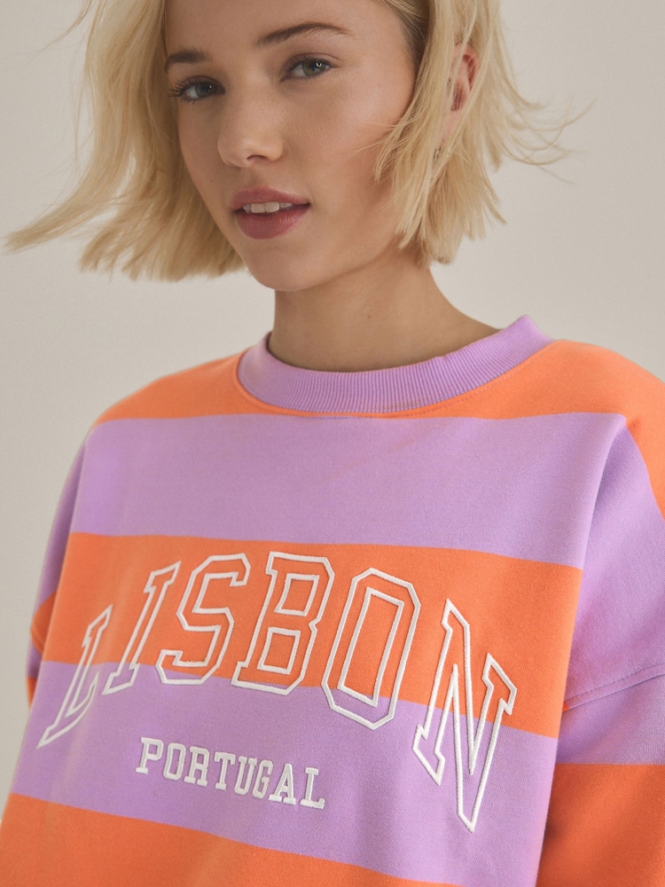 Rosa - Relaxed Fit Heavyweight City Graphic Stripe Crew Neck Sweatshirt - Imagen 1 de 7