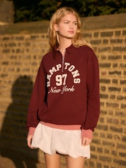 Burgundy Red Hamptons New York Sporty City Graphic Zip Neck Collar 100% Cotton Sweatshirt - Image 1 of 12