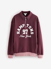 Burgundy Red Hamptons New York Sporty City Graphic Zip Neck Collar 100% Cotton Sweatshirt - Image 10 of 12