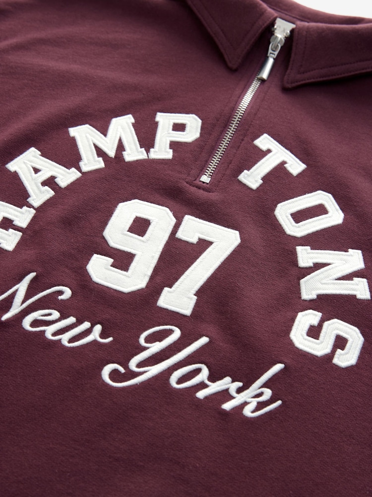 Burgundy Red Hamptons New York Sporty City Graphic Zip Neck Collar 100% Cotton Sweatshirt - Image 12 of 12