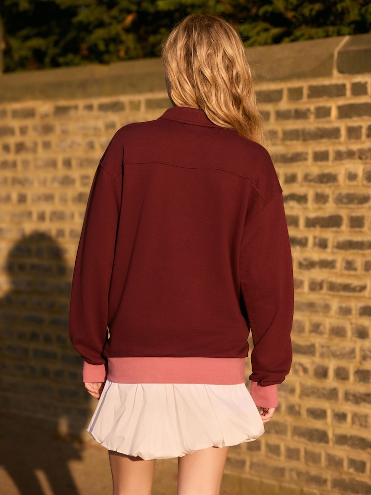 Burgundy Red Hamptons New York Sporty City Graphic Zip Neck Collar 100% Cotton Sweatshirt - Image 2 of 12