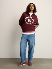 Burgundy Red Hamptons New York Sporty City Graphic Zip Neck Collar 100% Cotton Sweatshirt - Image 4 of 12