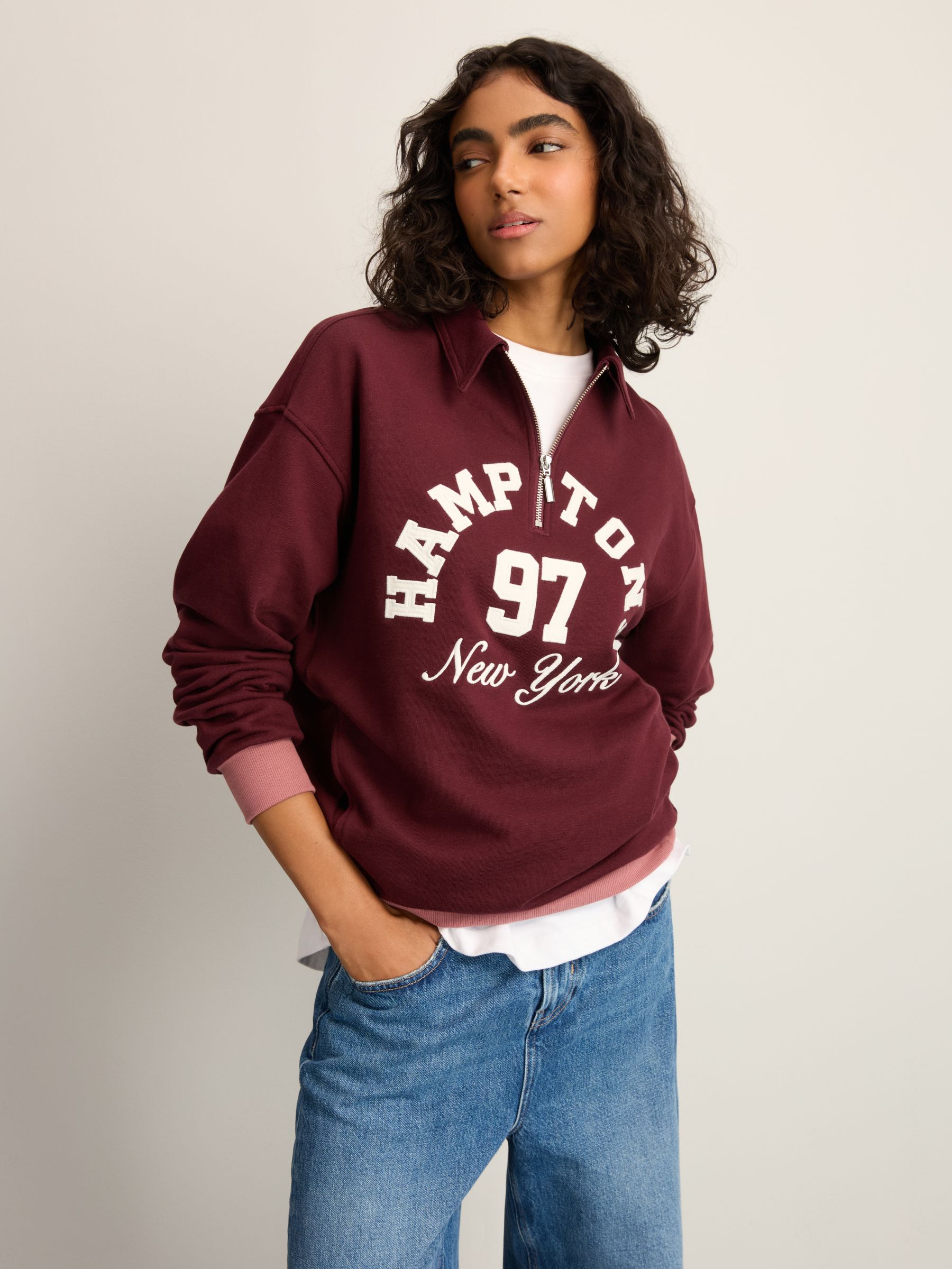 Buy Burgundy Red Hamptons New York Sporty City Graphic Zip Neck