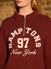 Burgundy Red Hamptons New York Sporty City Graphic Zip Neck Collar 100% Cotton Sweatshirt - Image 7 of 12