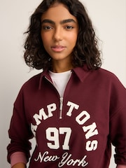 Burgundy Red Hamptons New York Sporty City Graphic Zip Neck Collar 100% Cotton Sweatshirt - Image 8 of 12