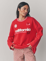 Red/Pink Longline Wide Sleeve Graphic Crew Neck Football Jersey Sweatshirt - Image 1 of 9
