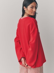 Red/Pink Longline Wide Sleeve Graphic Crew Neck Football Jersey Sweatshirt - Image 2 of 9