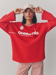 Red/Pink Longline Wide Sleeve Graphic Crew Neck Football Jersey Sweatshirt - Image 4 of 9