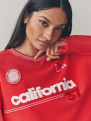 Red/Pink Longline Wide Sleeve Graphic Crew Neck Football Jersey Sweatshirt - Image 5 of 9