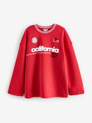 Red/Pink Longline Wide Sleeve Graphic Crew Neck Football Jersey Sweatshirt - Image 6 of 9