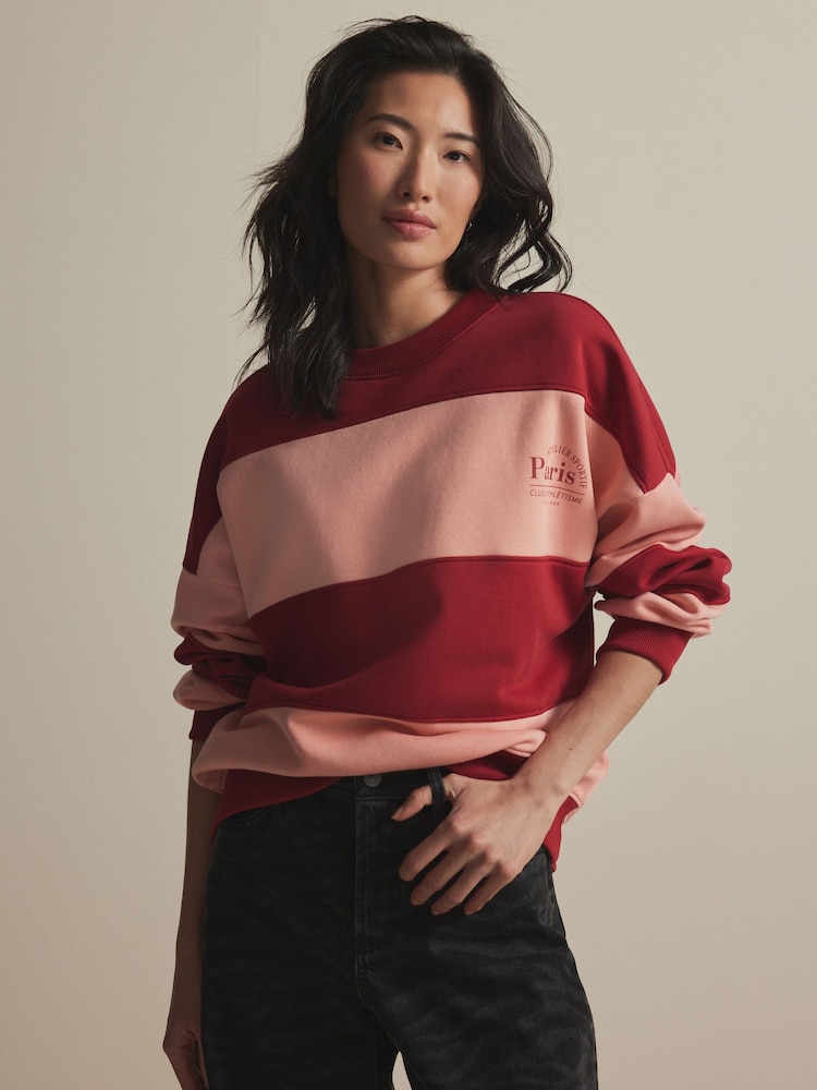 Burgundy Red/Pink Relaxed Fit Heavyweight Graphic Paris Slogan Stripe Sweatshirt - Image 4 of 8