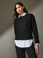 Black Textured Boucle Heavyweight Crew Neck Jumper - Image 1 of 7