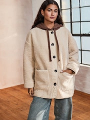 Ecru Borg Fleece Button Down Jacket with Jersey Hood - Image 1 of 4