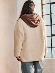 Ecru Borg Fleece Button Down Jacket with Jersey Hood - Image 2 of 4