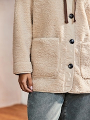 Ecru Borg Fleece Button Down Jacket with Jersey Hood - Image 4 of 4