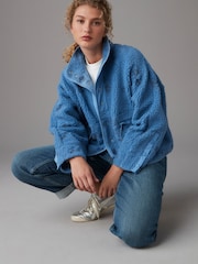 Cornflower Blue Woven Mix Teddy Borg Fleece Popper Front Jacket - Image 1 of 7