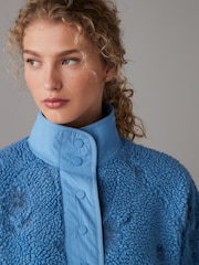 Cornflower Blue Woven Mix Teddy Borg Fleece Popper Front Jacket - Image 4 of 7
