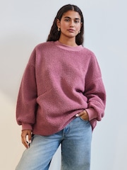 Blush Pink Floral Graphic Print Relaxed Fit Teddy Borg Fleece Cord Back Longline Crew Neck Sweatshirt - Image 2 of 8