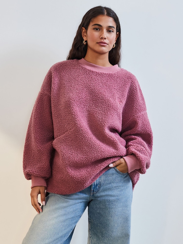 Blush Pink Floral Graphic Print Relaxed Fit Teddy Borg Fleece Cord Back Longline Crew Neck Sweatshirt - Image 2 of 8