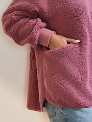 Blush Pink Floral Graphic Print Relaxed Fit Teddy Borg Fleece Cord Back Longline Crew Neck Sweatshirt - Image 4 of 8
