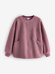 Blush Pink Floral Graphic Print Relaxed Fit Teddy Borg Fleece Cord Back Longline Crew Neck Sweatshirt - Image 5 of 8