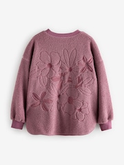 Blush Pink Floral Graphic Print Relaxed Fit Teddy Borg Fleece Cord Back Longline Crew Neck Sweatshirt - Image 6 of 8