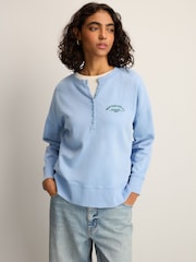 أزرق فاتح - Washed Henley Button Collar Long Sleeve Graphic 100% Cotton Sweatshirt - صورة 1 من 9