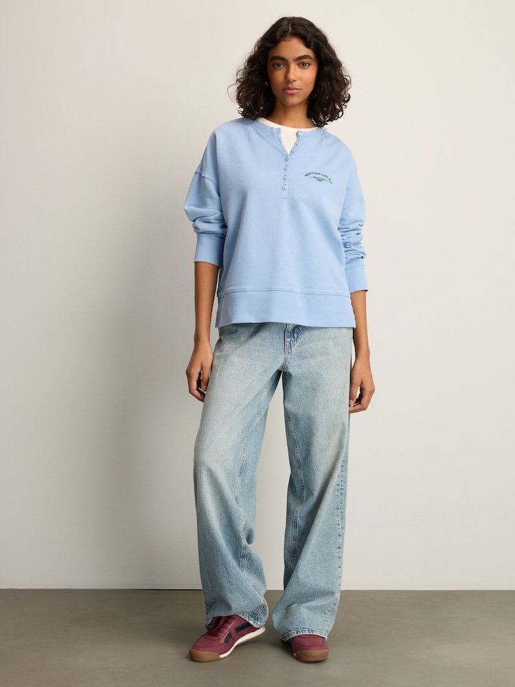 أزرق فاتح - Washed Henley Button Collar Long Sleeve Graphic 100% Cotton Sweatshirt - صورة 2 من 9