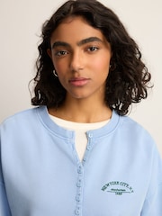 أزرق فاتح - Washed Henley Button Collar Long Sleeve Graphic 100% Cotton Sweatshirt - صورة 4 من 9